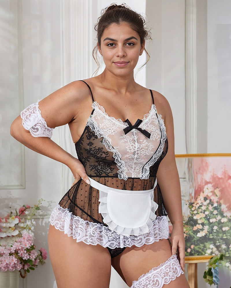 Plus Size Maid Lingerie Set: Black and white lace teddy with apron, garter, and arm cuffs.