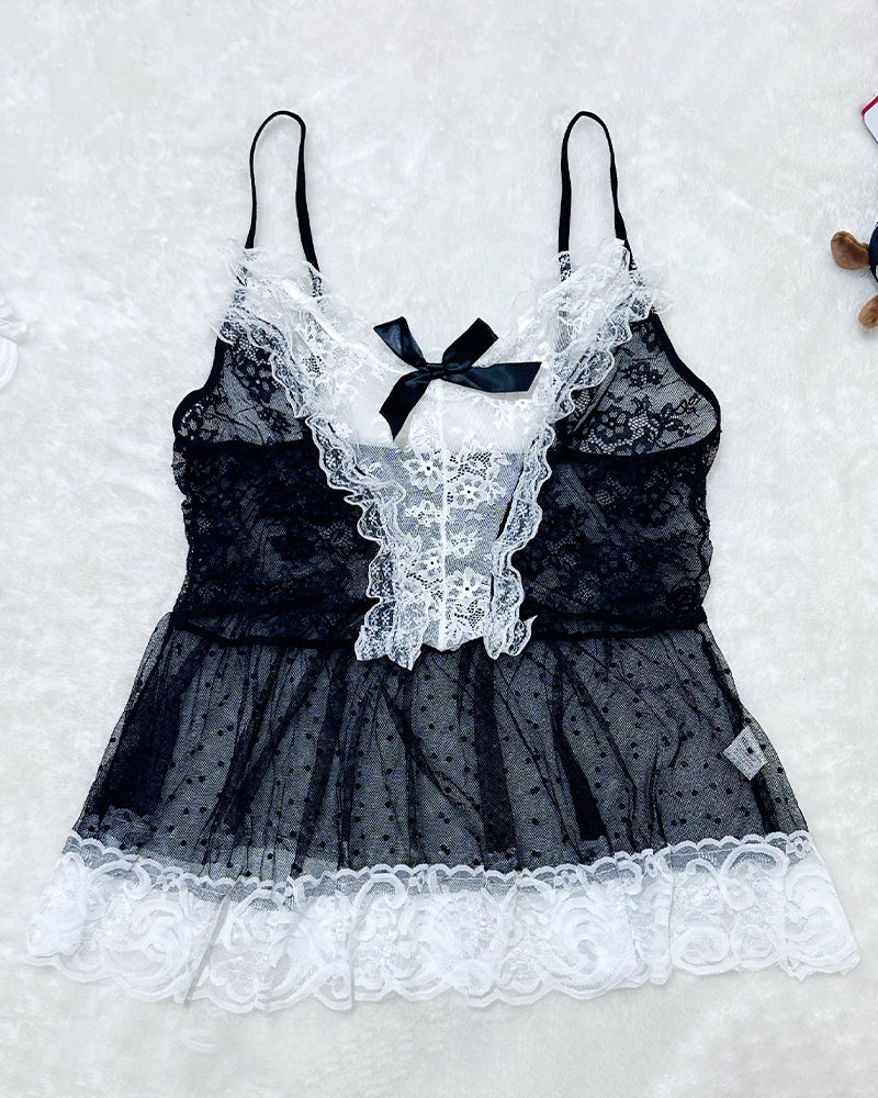 Plus Size Sheer Lace Patchwork Maid Set in Black and White with Lace Trim