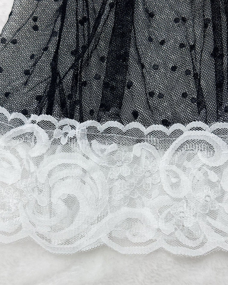 Plus Size Sheer Lace Patchwork Maid Set detail: Black mesh with polka dots and white lace trim