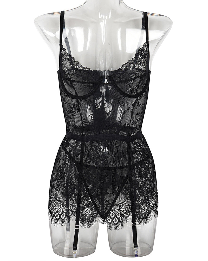 Black lace night dress with G-string, floral lace, and garter straps. See Through Lingerie.