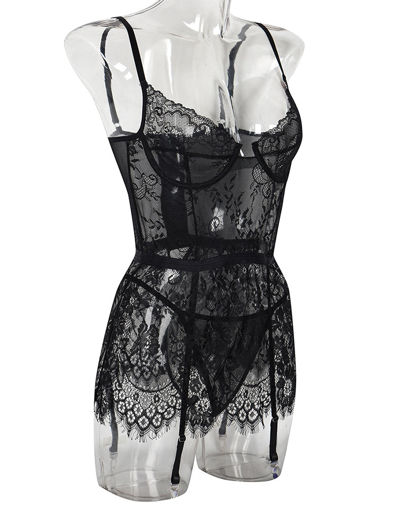 Black lace night dress with G-string, floral lace, and garter straps. See Through Lingerie