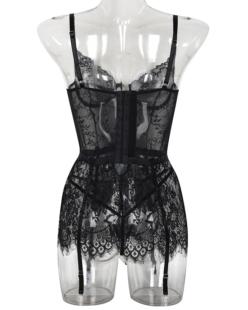 Black lace night dress with garter straps. See Through Lingerie, featuring floral lace.