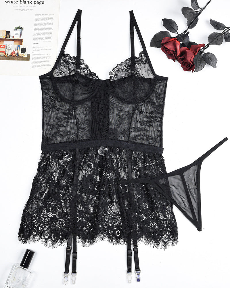 See-Through Black Lace Night Dress with G-String, featuring adjustable straps and floral lace.