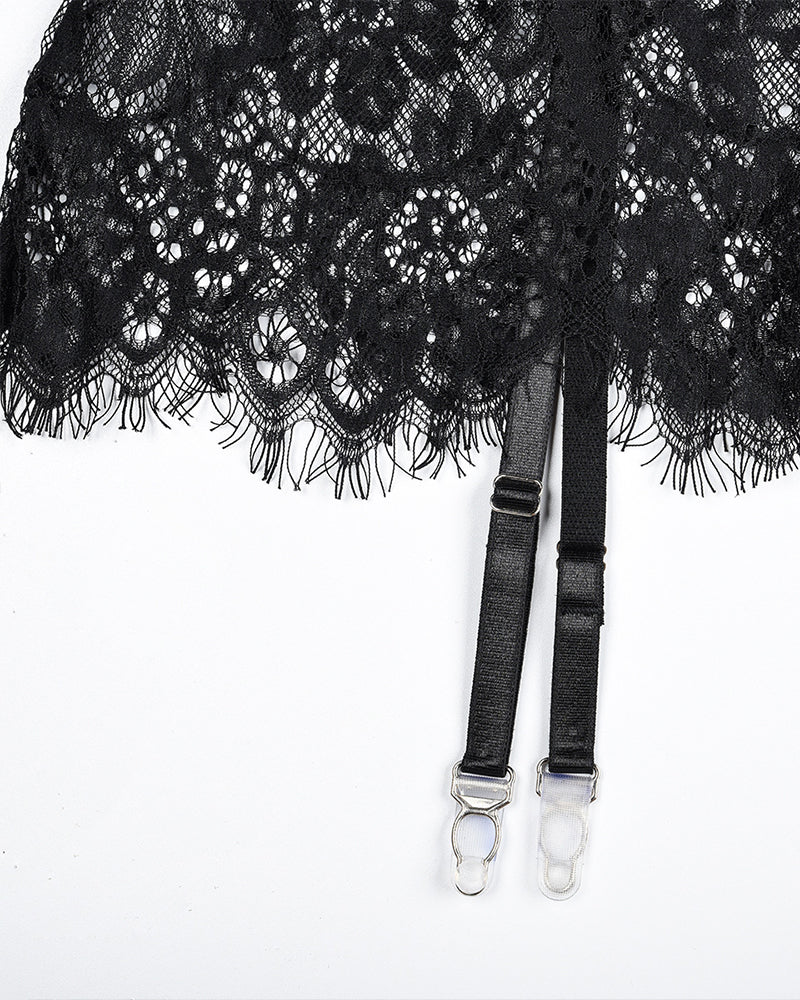 Black lace night dress with floral lace and garter straps. See Through Lingerie