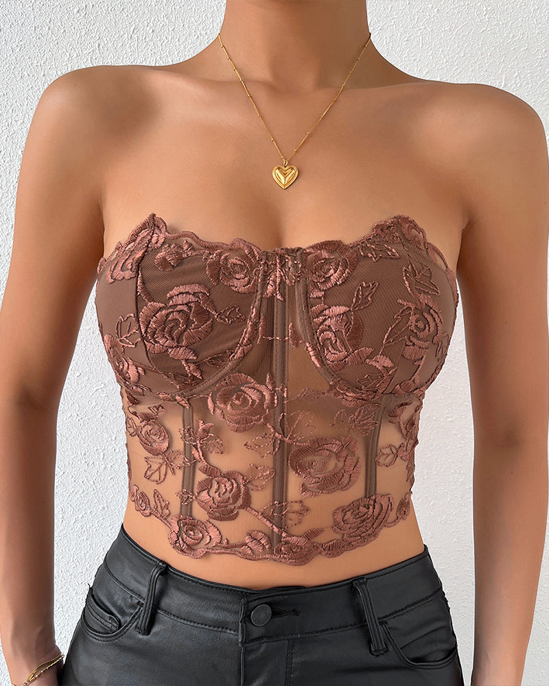 Brown floral strapless mesh bustier with rose embroidery, offering waist shaping and bust support.