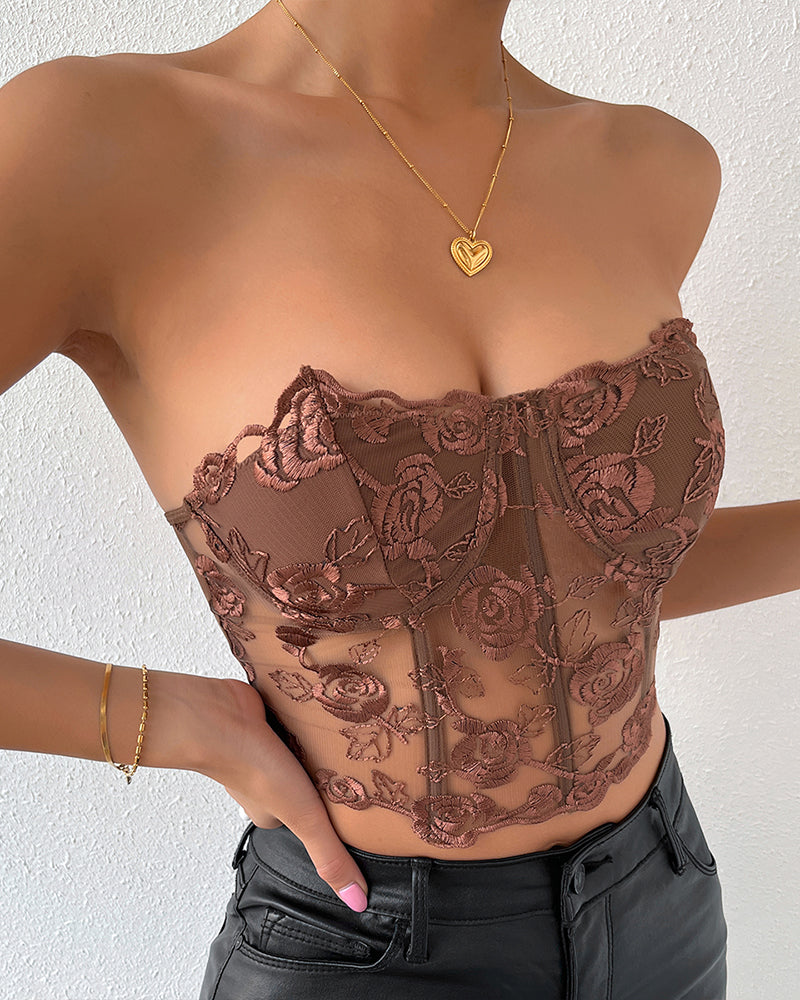 Brown floral mesh bustier with rose embroidery, waist shaping and support, strapless top.