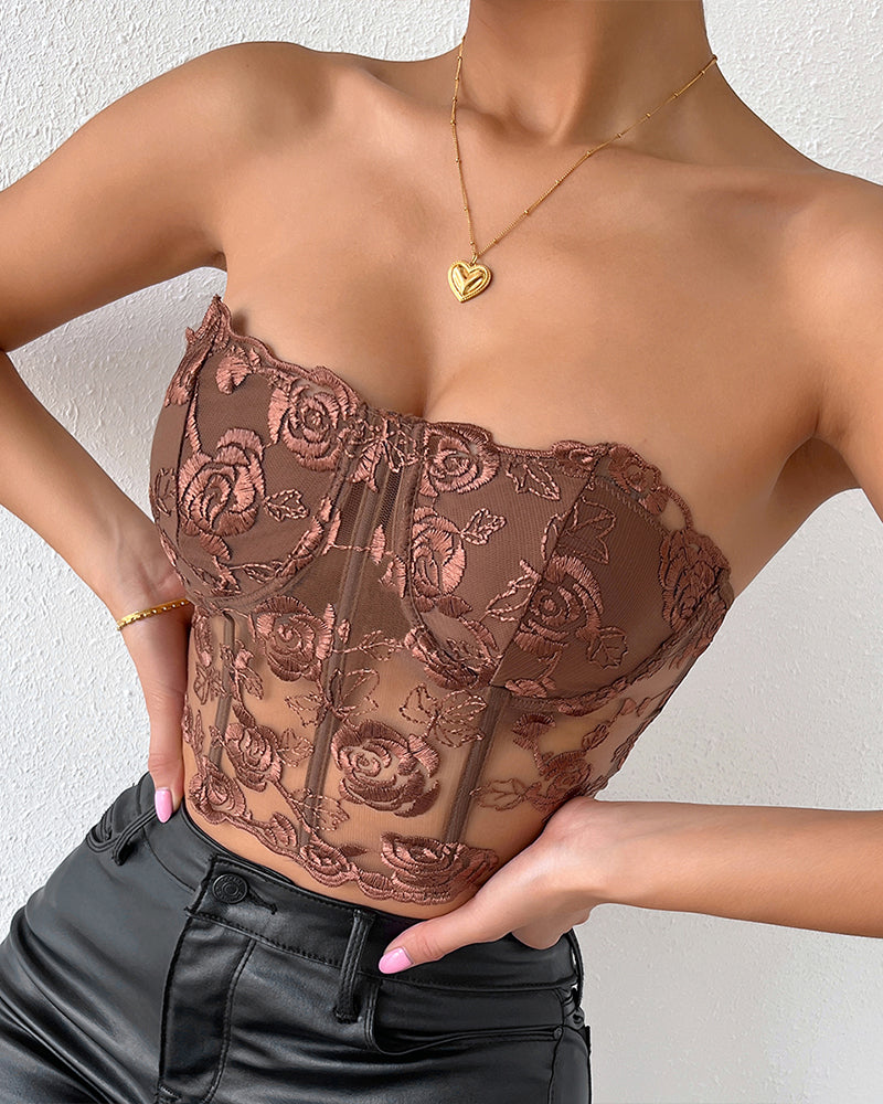 Brown floral strapless mesh bustier with rose embroidery, waist shaping and support, strapless top.
