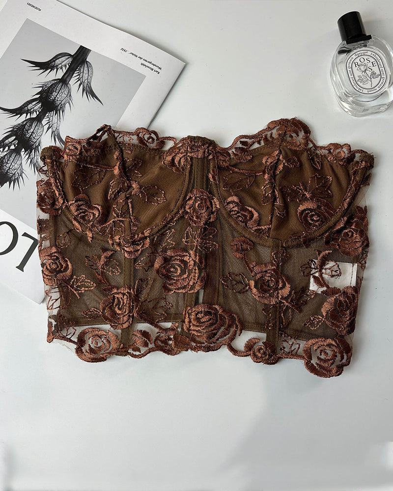 Brown floral strapless mesh bustier with rose embroidery, offering waist shaping and support