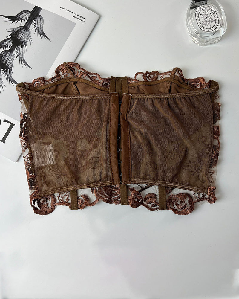 Brown floral strapless mesh bustier with rose embroidery, offering waist shaping and bust support