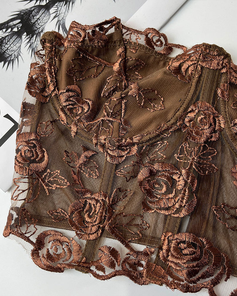 Brown floral strapless mesh bustier with rose embroidery, waist shaping and bust support
