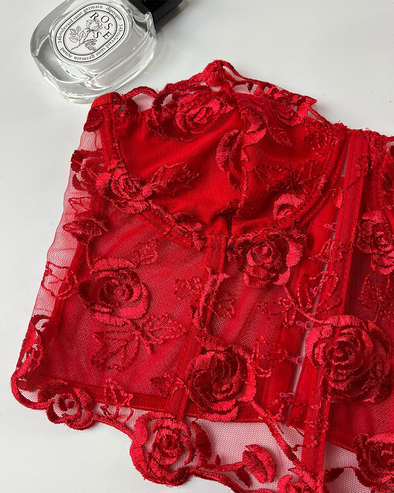 Red floral strapless mesh bustier with rose embroidery, waist shaping and bust support.