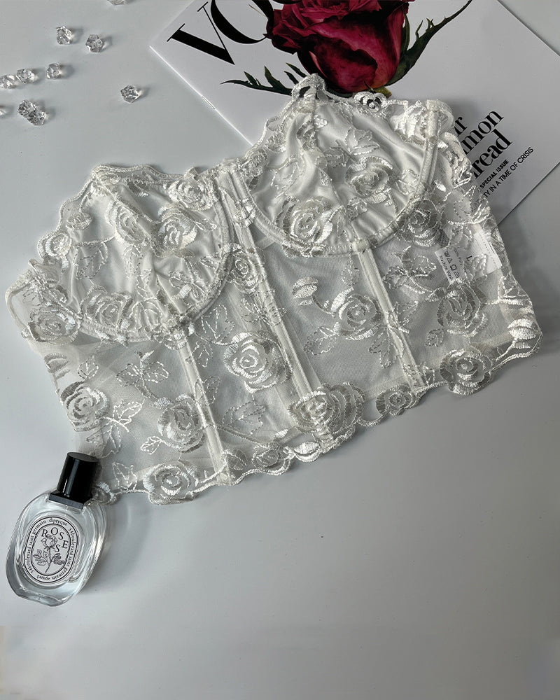 White floral mesh bustier with rose embroidery, strapless top, Vogue magazine