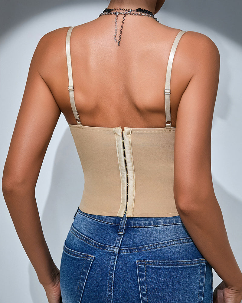 Beige Sleeveless Corset Top, cinching waist, highlighting curves, offering support