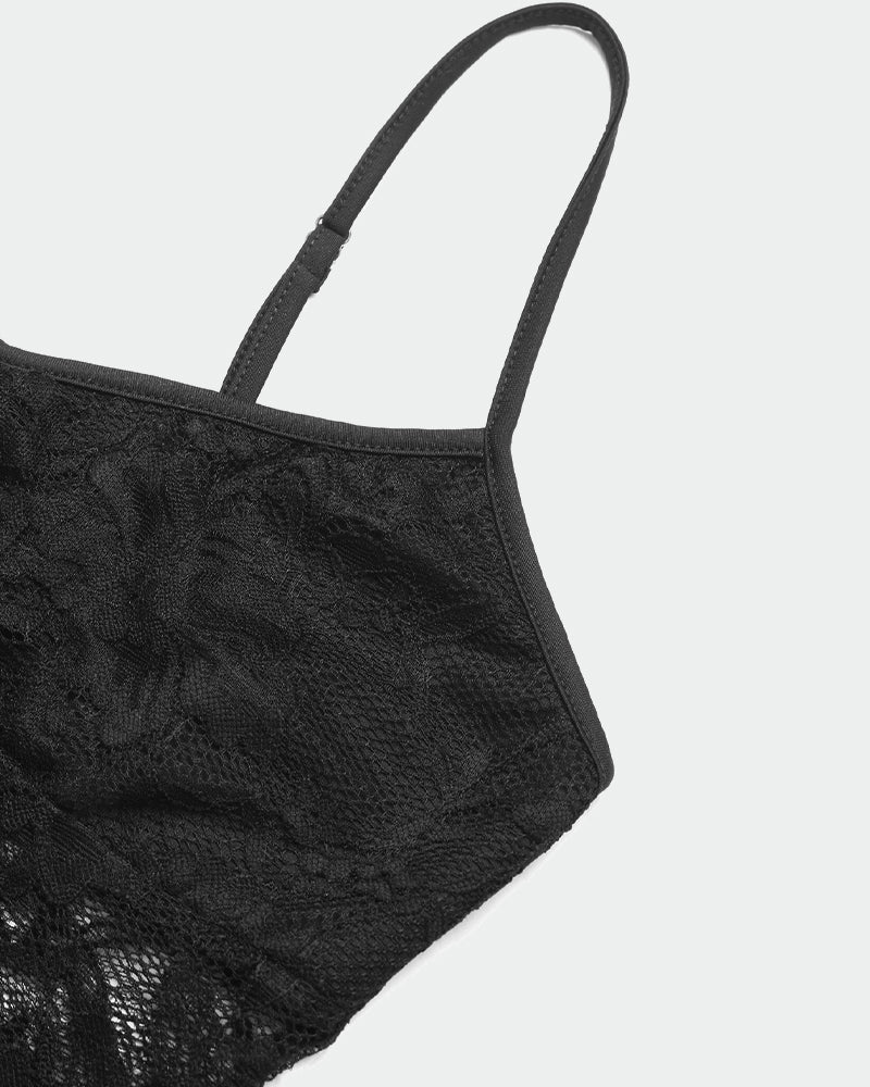 Black lace crop top camisole with spaghetti straps and semi-sheer design