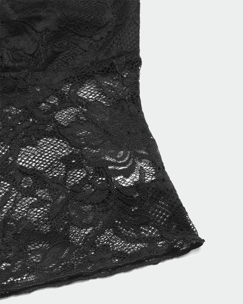Black lace crop top camisole detail, semi-sheer floral design, spaghetti strap lingerie