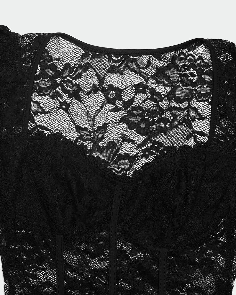 Black lace sheer long sleeve bodysuit with sweetheart neckline. Floral lace lingerie.