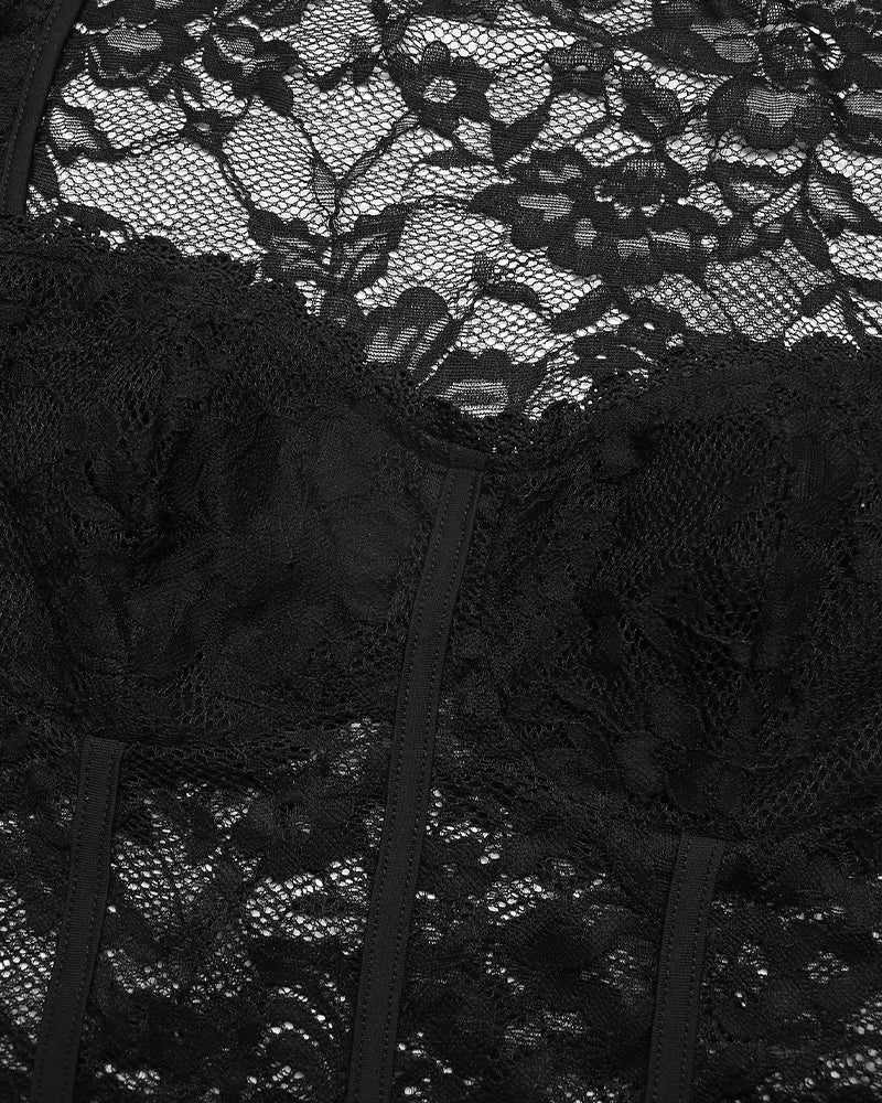 Black lace sheer bodysuit with sweetheart neckline. Floral lace lingerie.