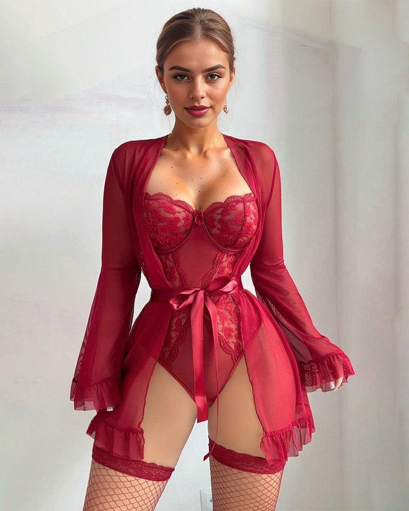 Red lace kimono robe and teddy lingerie set with satin tie, perfect for confidence and self-love.