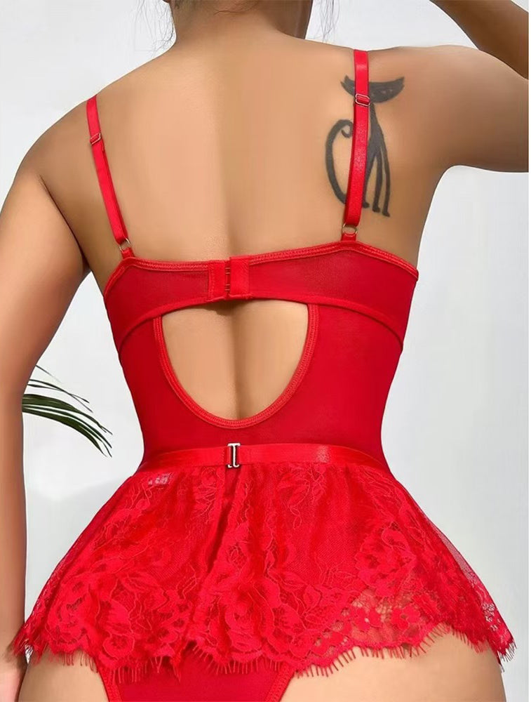 Red lace bodysuit mini skirt with garter, adjustable straps, scalloped edges, sexy lingerie