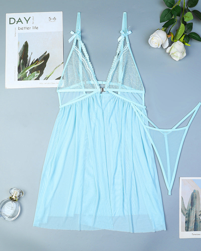 Light blue lace nightdress lingerie set with bowknot, sheer robe, sexy lingerie