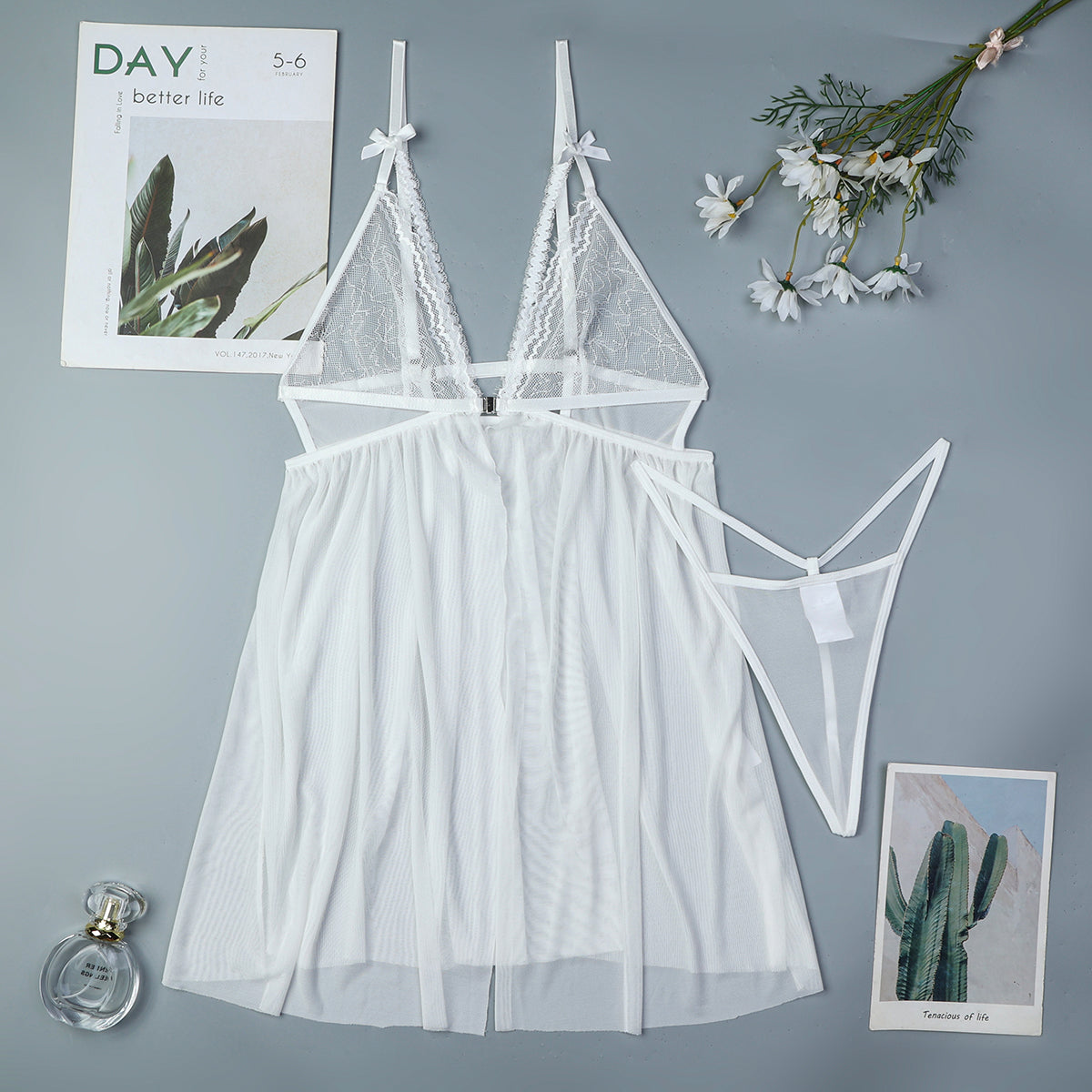 White lace nightdress lingerie set with bowknot, sheer robe, and thong, sexy lingerie