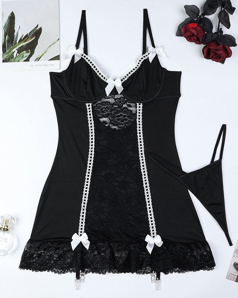Black lace corset lingerie dress with bow details, adjustable straps, and garter straps. Sexy look.
