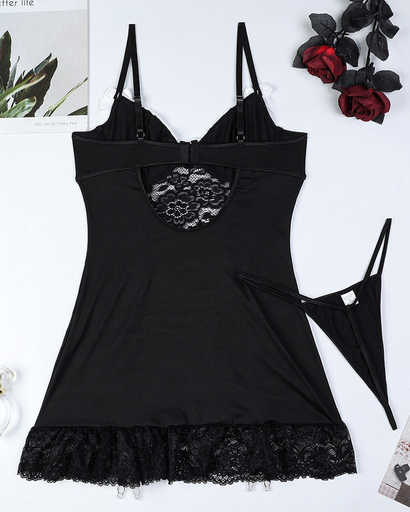 Black lace corset lingerie dress with adjustable straps and lace trim. Sexy lingerie set.