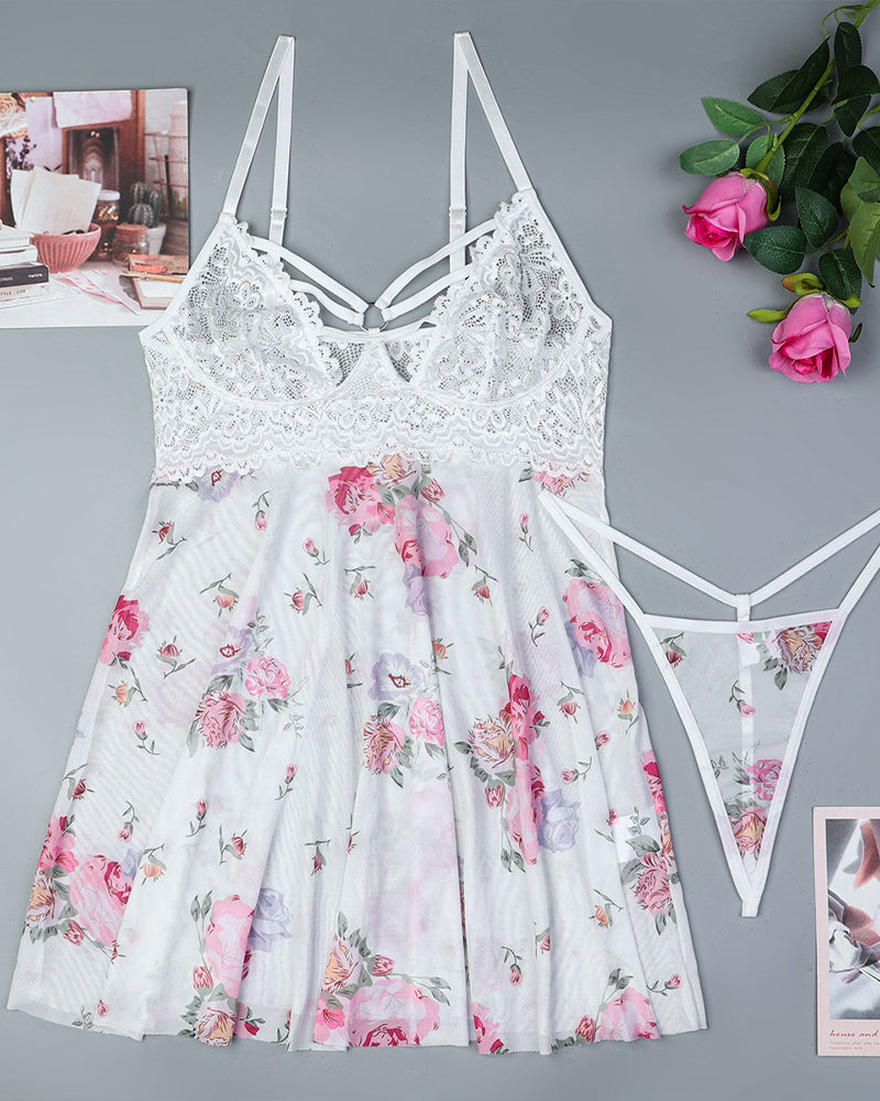 White floral babydoll lingerie set with lace cut-out and spaghetti straps. Floral lingerie set.