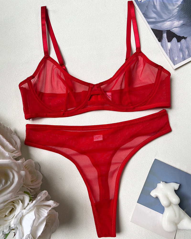 Red sheer mesh bra and thong lingerie set, underwire support, perfect for special occasions.