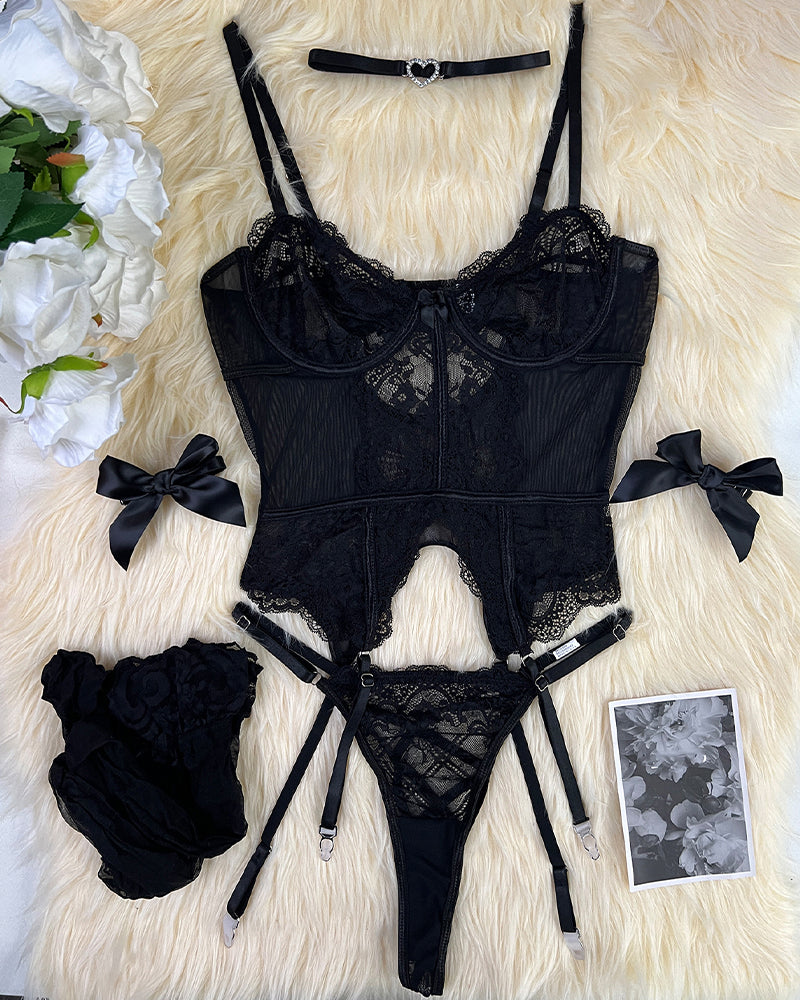 Black lace corset lingerie set with stockings and choker. Sensual and elegant lingerie for women.