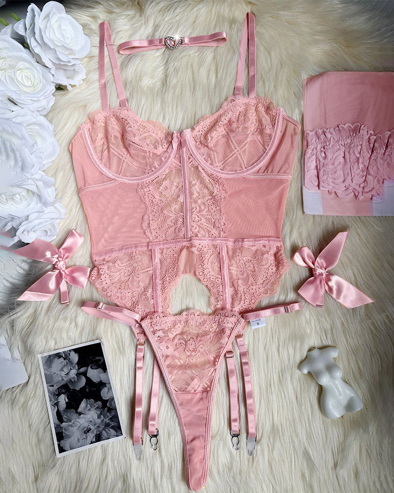 Pink floral lace corset lingerie set with stockings, bustier, thong, garter straps, and choker