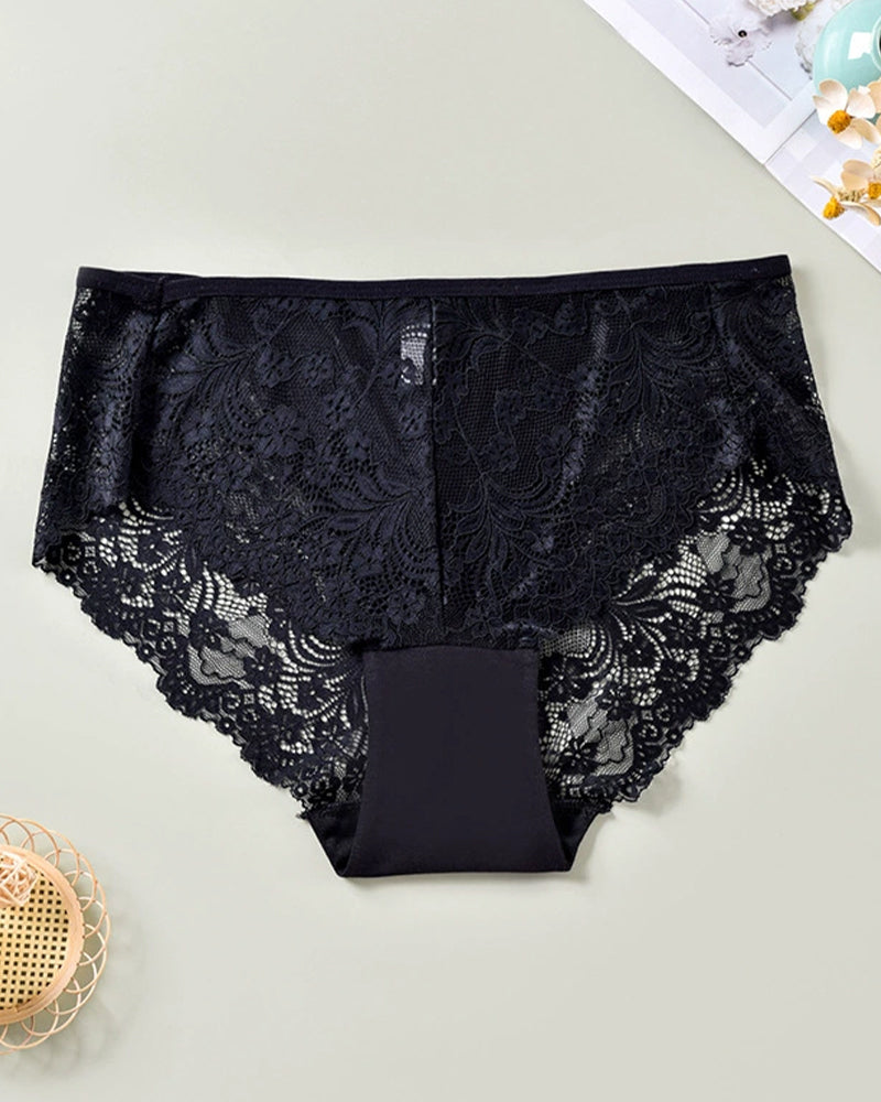 Plus size black lace briefs with sheer lace sides. Sexy and comfortable lingerie.