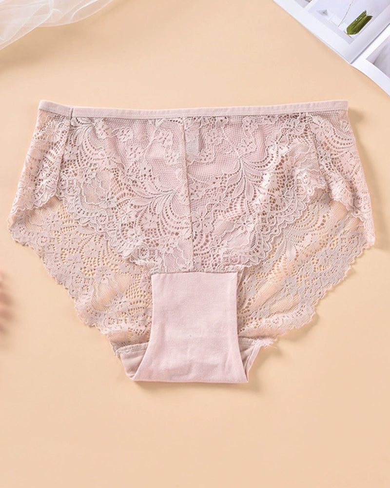 Plus size pink lace briefs. Low rise, sheer lace sides. Sexy and comfortable lingerie for women.