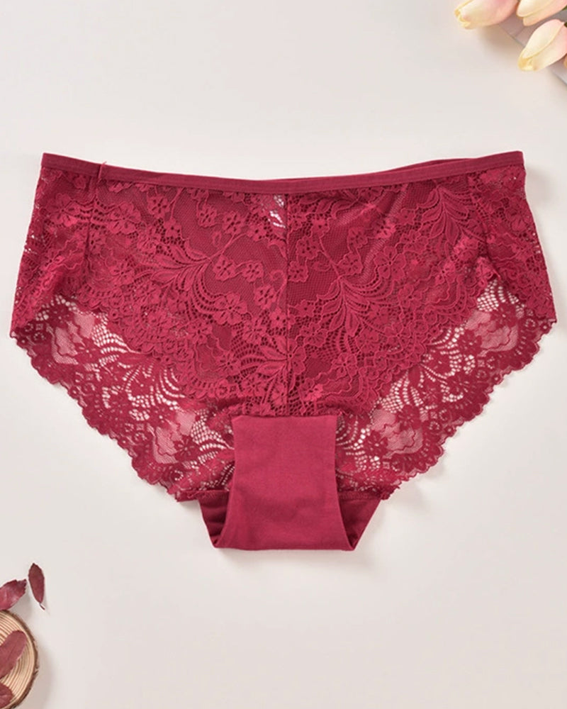 Plus size burgundy lace briefs. Low rise, sheer lace sides. Sexy and comfortable lingerie for women.