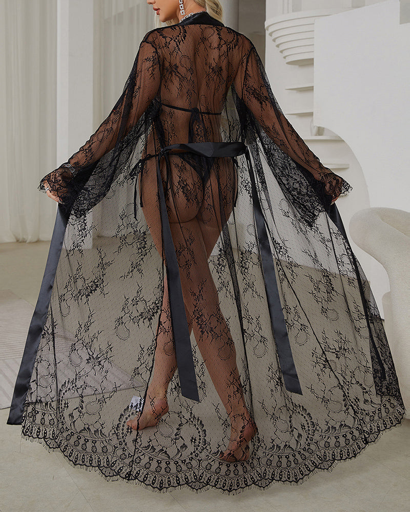 Black sheer lace satin robe dress with belt, long sleeve, floor length, perfect for lingerie