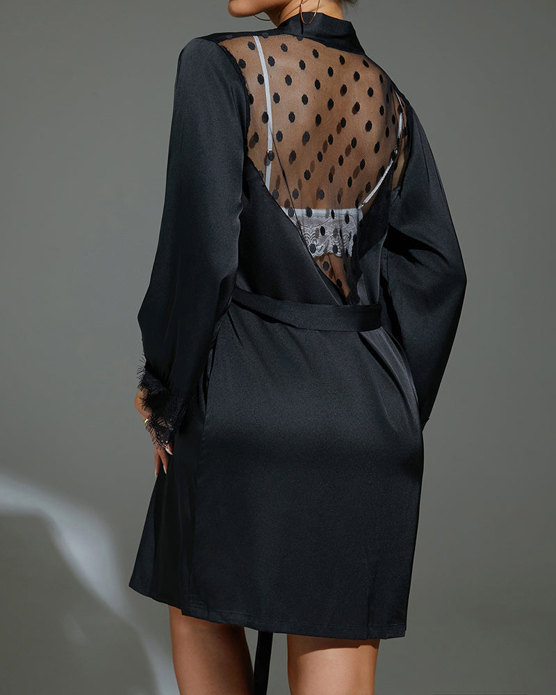 Black satin backless robe with polka dot sheer back and belt, perfect for sensual lingerie.
