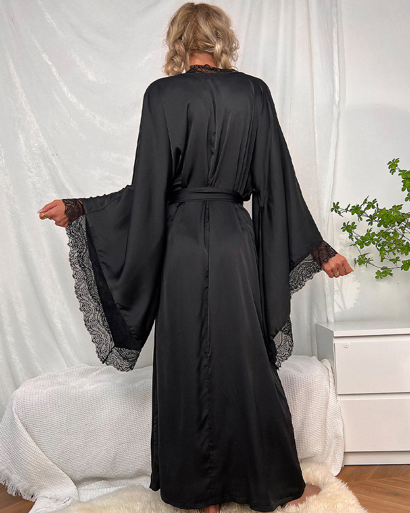 Black satin robe with lace trim, long sleeve, belted, perfect for lounging. Avidlove lingerie.