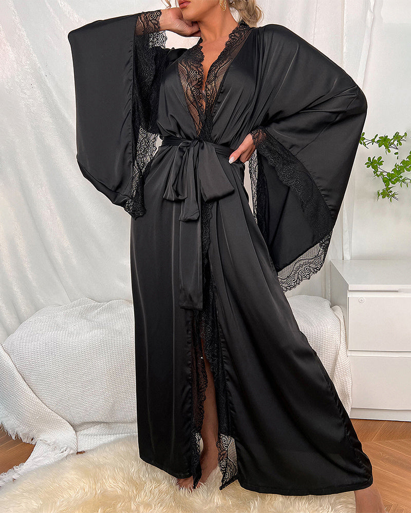 Black satin belted robe with contrast lace trim, long sleeve, perfect for sexy lingerie