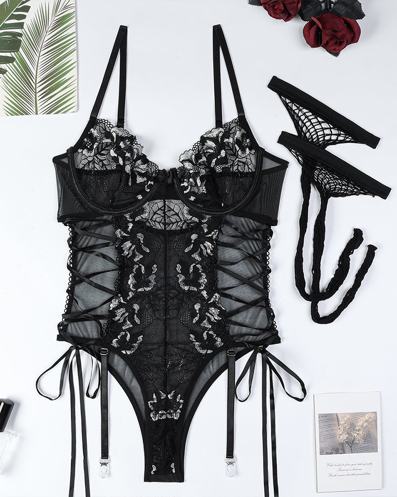 Black Criss Side Tie Sheer Floral Lace Bodysuit with stockings, a sexy lingerie choice