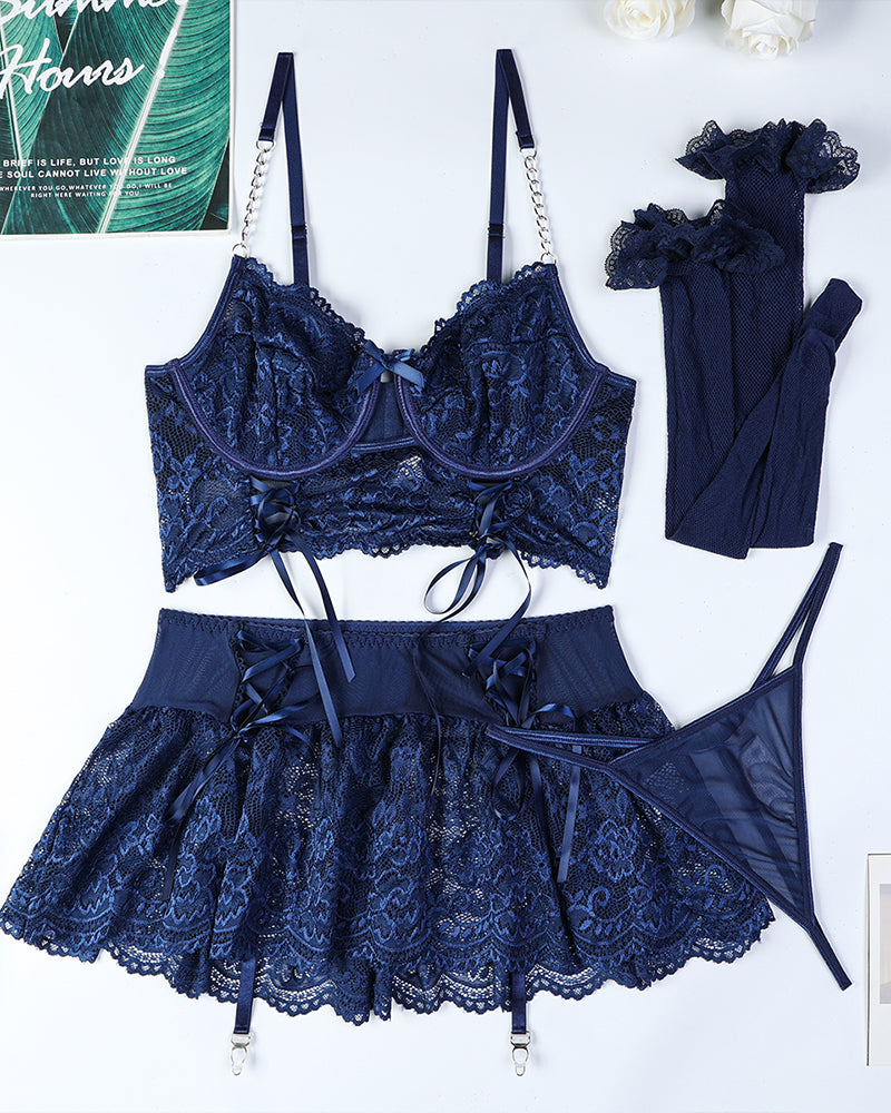 Navy blue Chain Lace Tie Skirt Set with lace bra, mini skirt, and stockings. Sexy lingerie.
