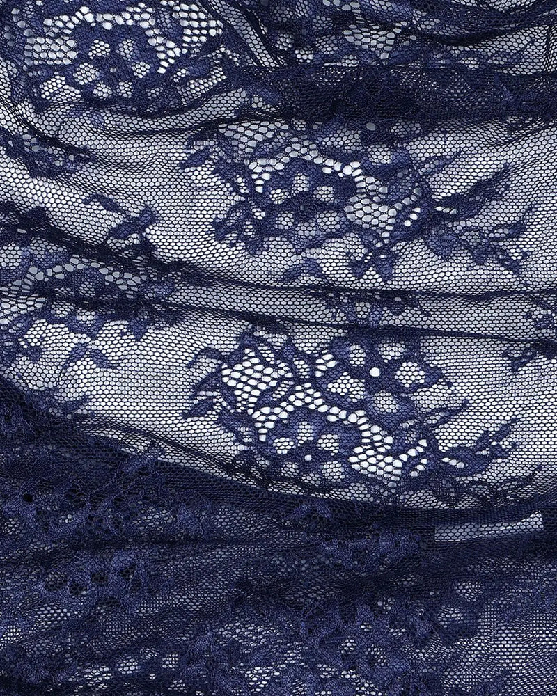 Navy blue lace detail for romantic nightgown, with floral patterns and mesh see-through design.