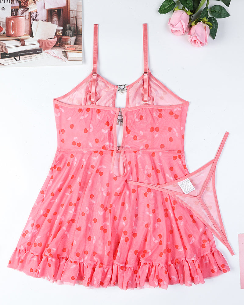 Pink cherry print babydoll dress with spaghetti straps and ruffled hem, lingerie set