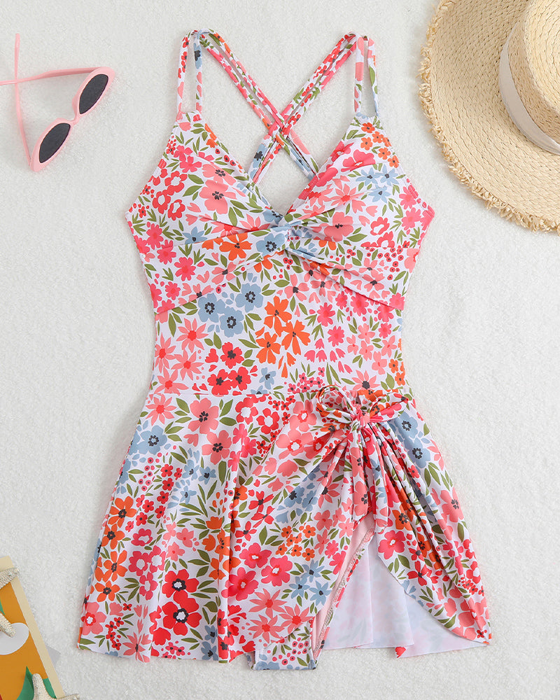 Floral print side drawstring swim dress with V-neck and criss-cross straps