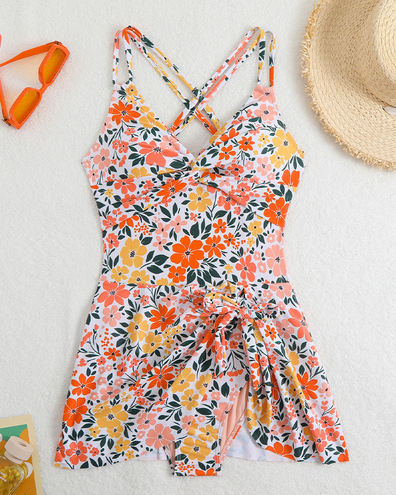 Floral print cross straps side drawstring swim dress, V-neck, perfect for beach days