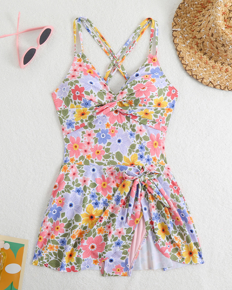 Floral print V-neck side drawstring swim dress, flattering fit, perfect for beach days.