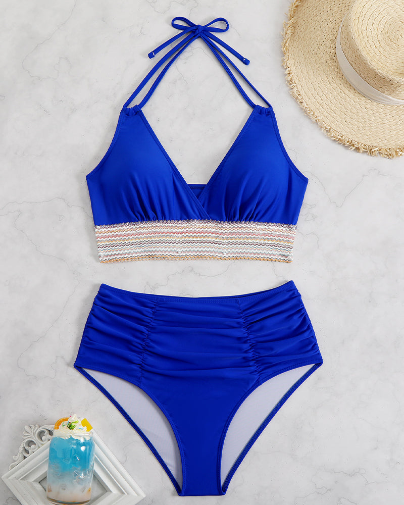 Blue color block halter bikini set with high-waisted bottoms, retro swimwear, beach styling
