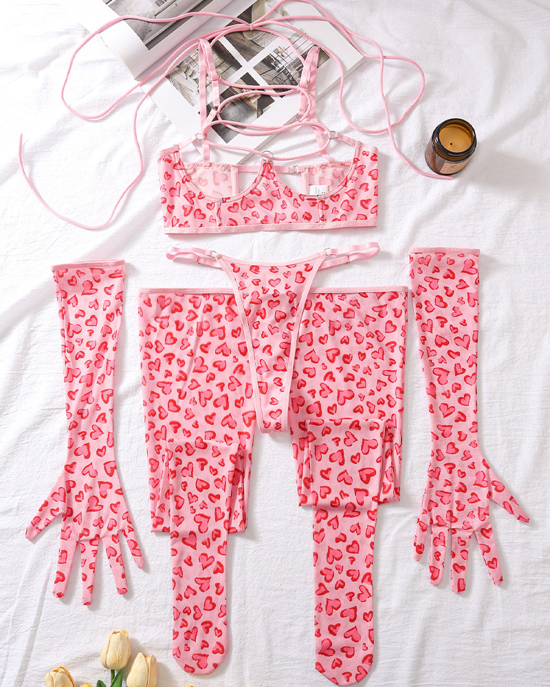 Pink heart print lingerie set with mesh gloves and leg socks, perfect for romantic nightwear