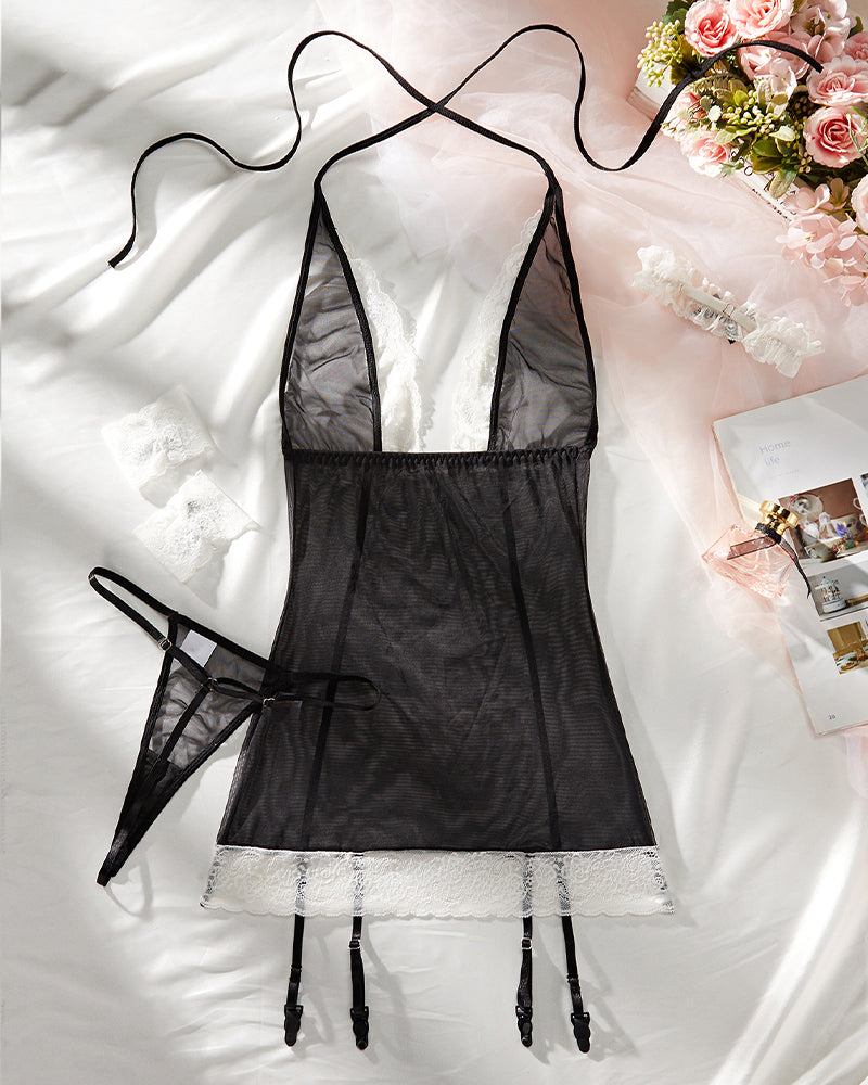 Black mesh garter maid lingerie set with white lace trim, perfect for a confident and sexy look.