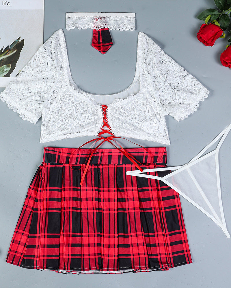 Plaid Scholastic Lingerie Set: White lace top and red plaid skirt, elegant design.