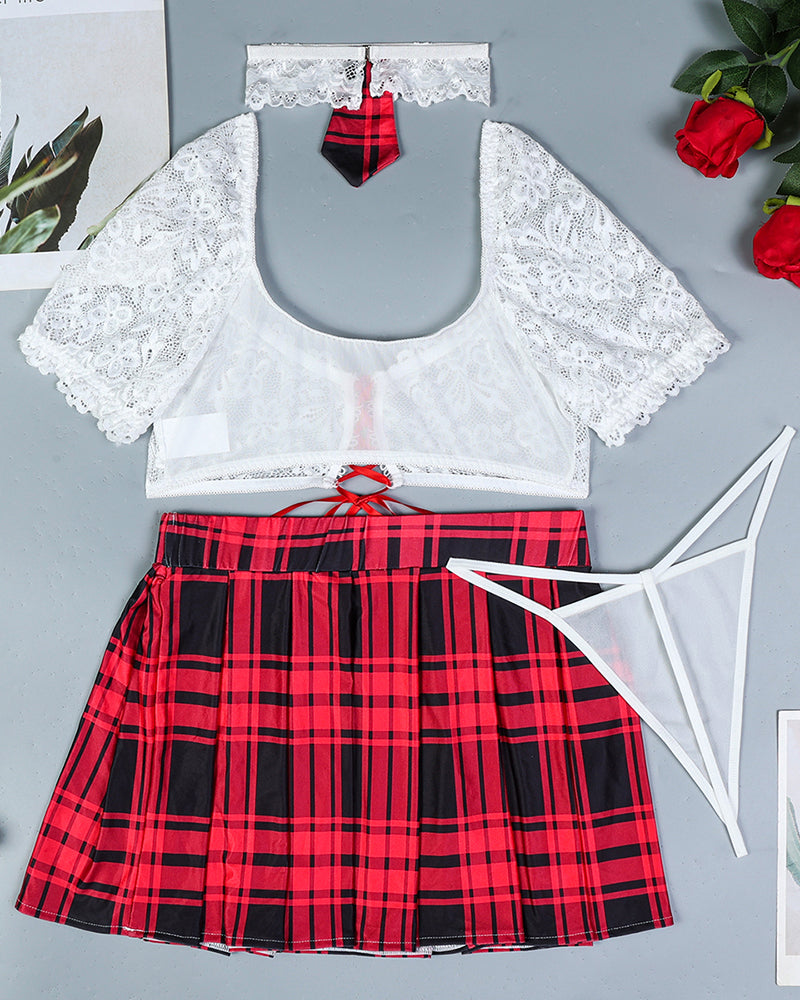 Plaid Scholastic Lingerie Set: White lace top, red plaid skirt, and matching accessories.